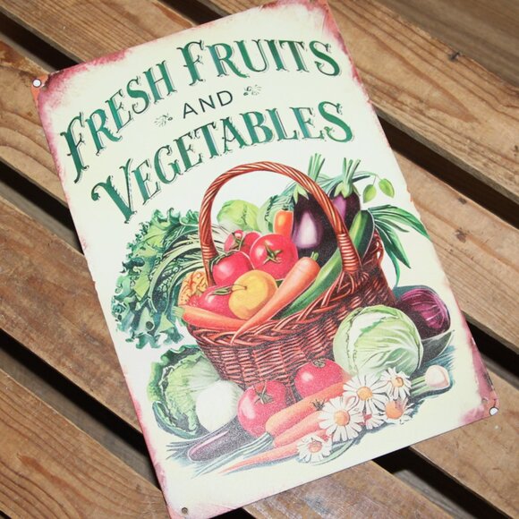 NEW Vintage Inspired FRUITS & VEGETABLES Metal Farmhouse Wall Decor Sign - Picture 4 of 4
